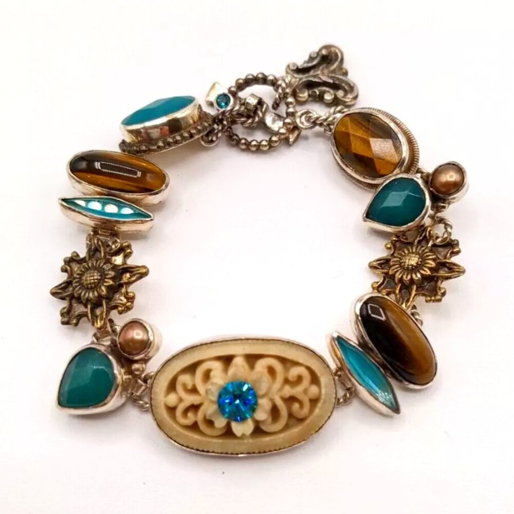 Navajo Sterling Silver Bracelet With Mixed Stones Signed